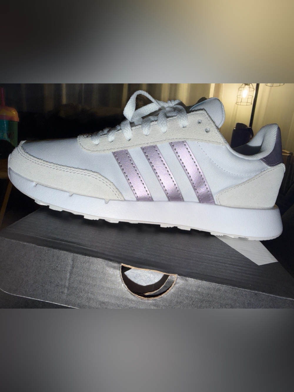 adidas White Sneakers with Metallic Lilac Stripes